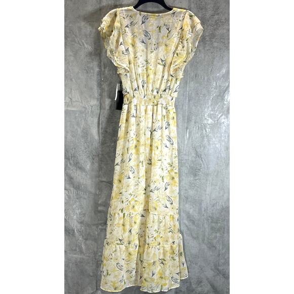 BLACK TAPE Women's Gold Lily Women's Faux-Wrap Smocked Flutter Sleeve Dress SZ M - Picture 3 of 13